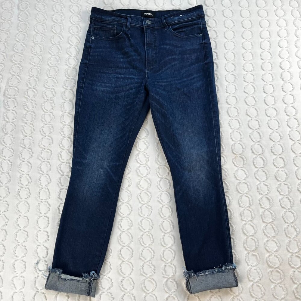 Express Jeans Women's 10 R Ankle Skinny High Rise Dark Wash Distressed Denim